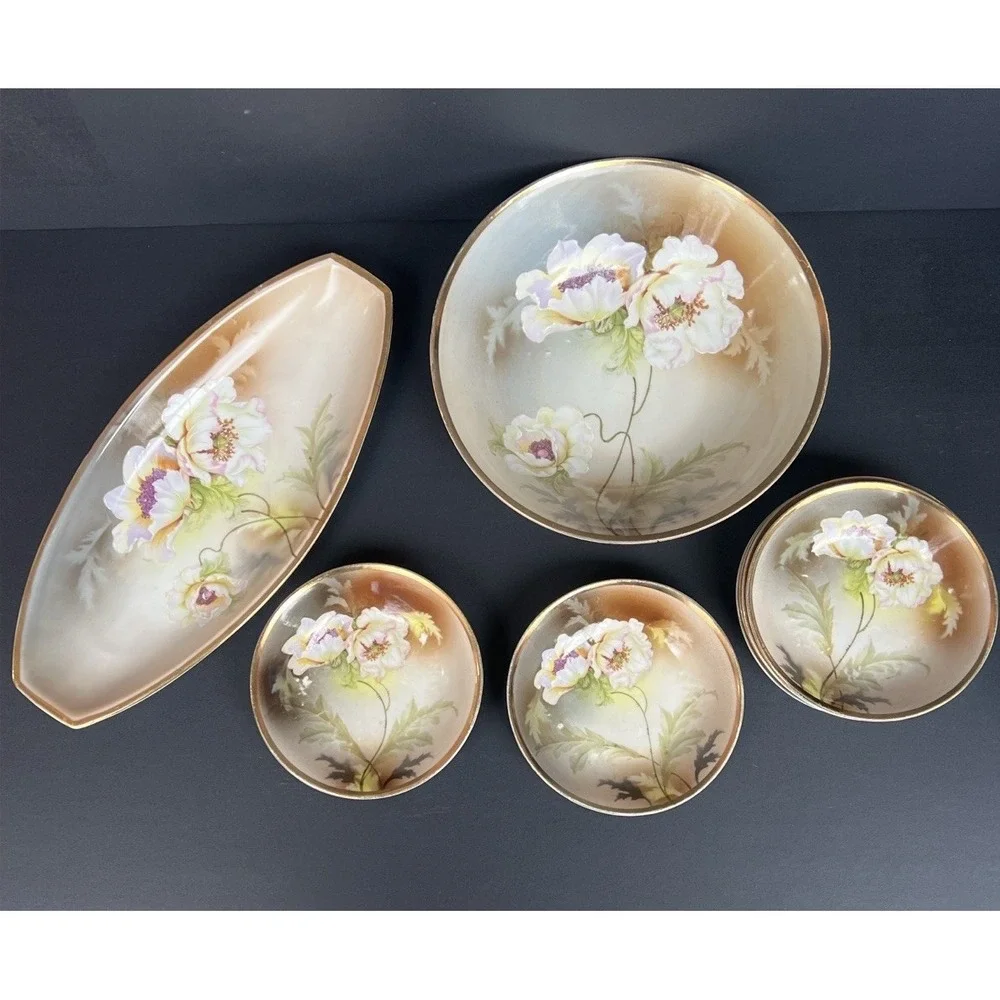 Antique RS Germany 3 Crown Berry Bowl 8 Pc Set Raised Enamel Poppy Floral Gold